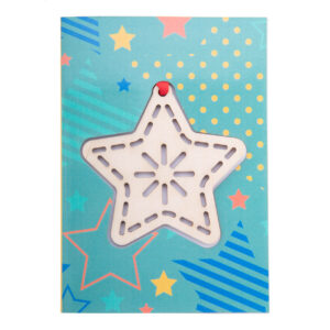 Paper Christmas card with wooden Christmas tree ornament and red ribbon – Dabīga, zvaigzne