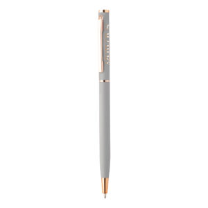 Pārstrādāta alumīnija grozāmā pildspalva ar gumijotu apdari un rozā zelta detaļām, ø8×131 mm – Pelēka