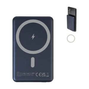 Pārstrādāta alumīnija un ABS plastmasas ārējais akumulators ar magnētisko bezvadu ātro uzlādi 15 W, 5000 mAh – Tumši zila