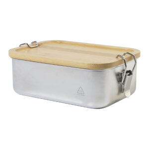Recycled stainless steel lunch box with bamboo lid and clasps, 750 ml – Sudraba / dabīga