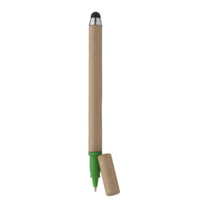 Pārstrādāta papīra lodīšu pildspalva ar skārienekrāna irbuli un vāciņu, ø9×130 mm – Zaļa / dabīga