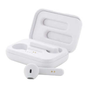 Pārstrādātas ABS plastmasas bezvadu TWS austiņas uzlādes kastītē, 400 mAh – Balta