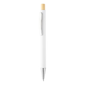 Recycled ABS plastic ballpoint pen with bamboo push button and metal clip, ø10×140 mm – White