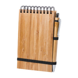 Piezīmju bloks ar bambusa vāku, spirāles iesējumu un bambusa pildspalvu, 70 lapas, 100×150 mm – Dabīga