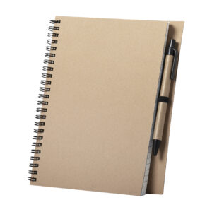 Notebook with recycled cardboard cover, spiral binding and recycled paper pen – A5 – Natural