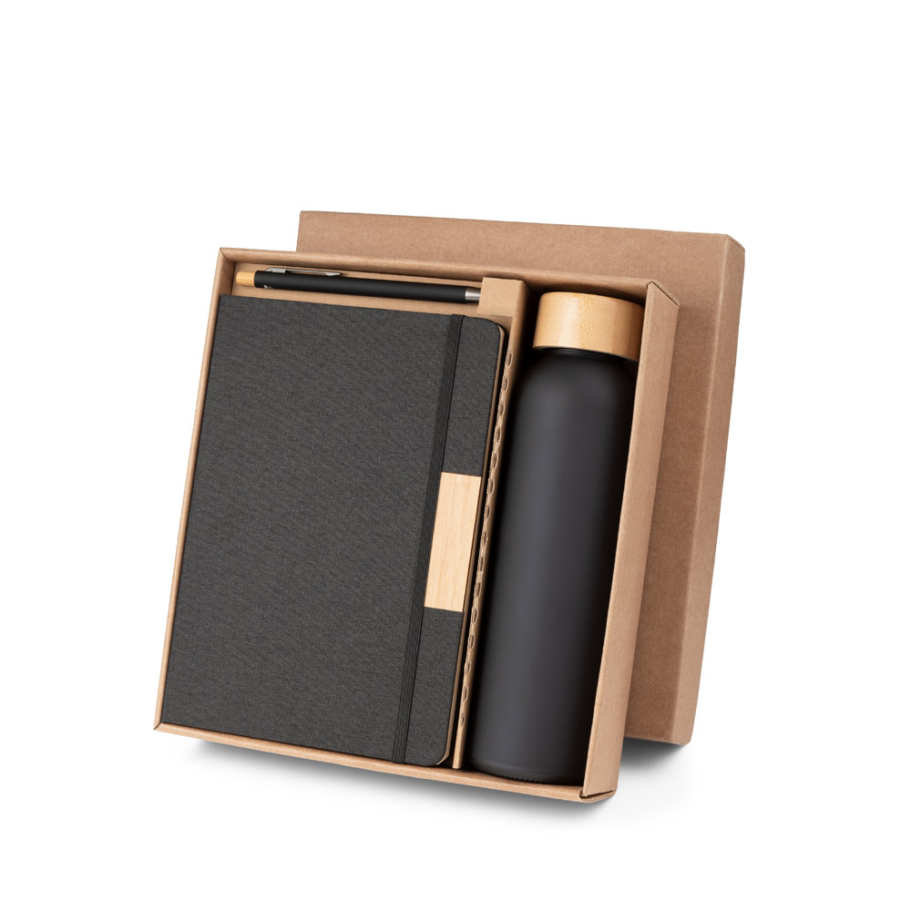 Notebook, bamboo ballpoint pen and glass bottle set in a gift box – A5 – Black