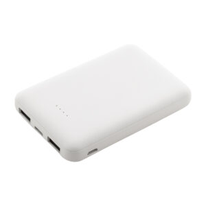 Plāns pārstrādātas ABS plastmasas ārējais akumulators ar 2 USB un USB-C izejām, 5000 mAh – Balta