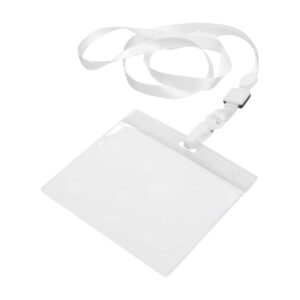 Poliestera kaklasiksna ar plastmasas karabīni un PVC caurlaides turētāju – Balta / caurspīdīga
