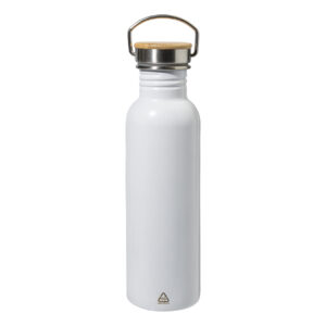Pudele no pārstrādāta nerūsējošā tērauda ar bambusa vāciņu-rokturi, 750 ml – Balta