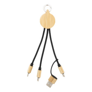 RPET un bambusa 3-in-1 uzlādes vads ar atslēgu gredzenu, 19 cm – Dabīga / melna