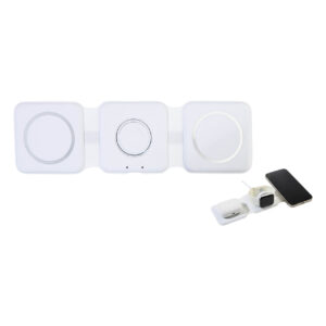 Saliekams 3-in-1 bezvadu lādētājs ar telefona turētāju no pārstrādātas ABS plastmasas, 15 W – Balta