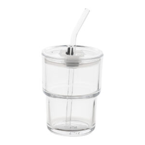 Stikla ceļojumu krūze ar plastmasas vāciņu un stikla salmiņu, 400 ml – Caurspīdīga