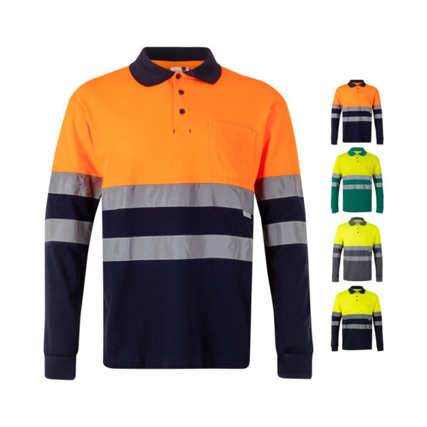 Unisex augstas redzamības divkrāsu pikē polo krekls ar garām piedurknēm, 150 g/m² – lielie izmēri (4XL–5XL)