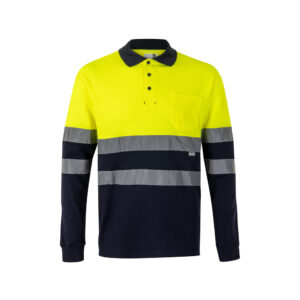 Unisex augstas redzamības divkrāsu pikē polo krekls ar garām piedurknēm, 150 g/m² – lielie izmēri (4XL–5XL) – Tumši zila / dzeltena