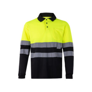 Unisex augstas redzamības divkrāsu polo krekls ar garām piedurknēm, 160 g/m² – Melna / dzeltena