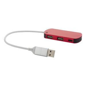 USB centrmezgls no pārstrādāta alumīnija un ABS plastmasas, 2 x USB-A un 1 x USB-C – Sarkana