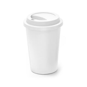 Vienas sieniņas plastmasas ceļojumu krūze ar vāciņu – 450 ml – Balta
