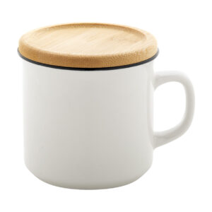 Vintāžas balta porcelāna krūze ar melnu malu un bambusa paliktni, 320 ml – Balta