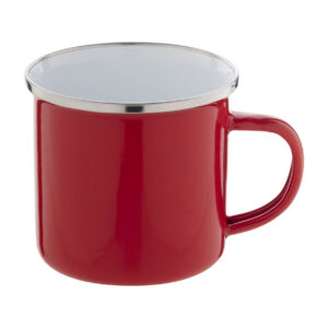 Vintāžas emaljēta metāla krūze ar nerūsējošā tērauda malu, 300 ml – Sarkana / balta